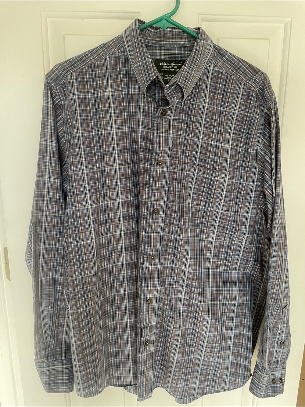 Eddie Bauer Blue Gray Plaid Cotton Button-Down Shirt